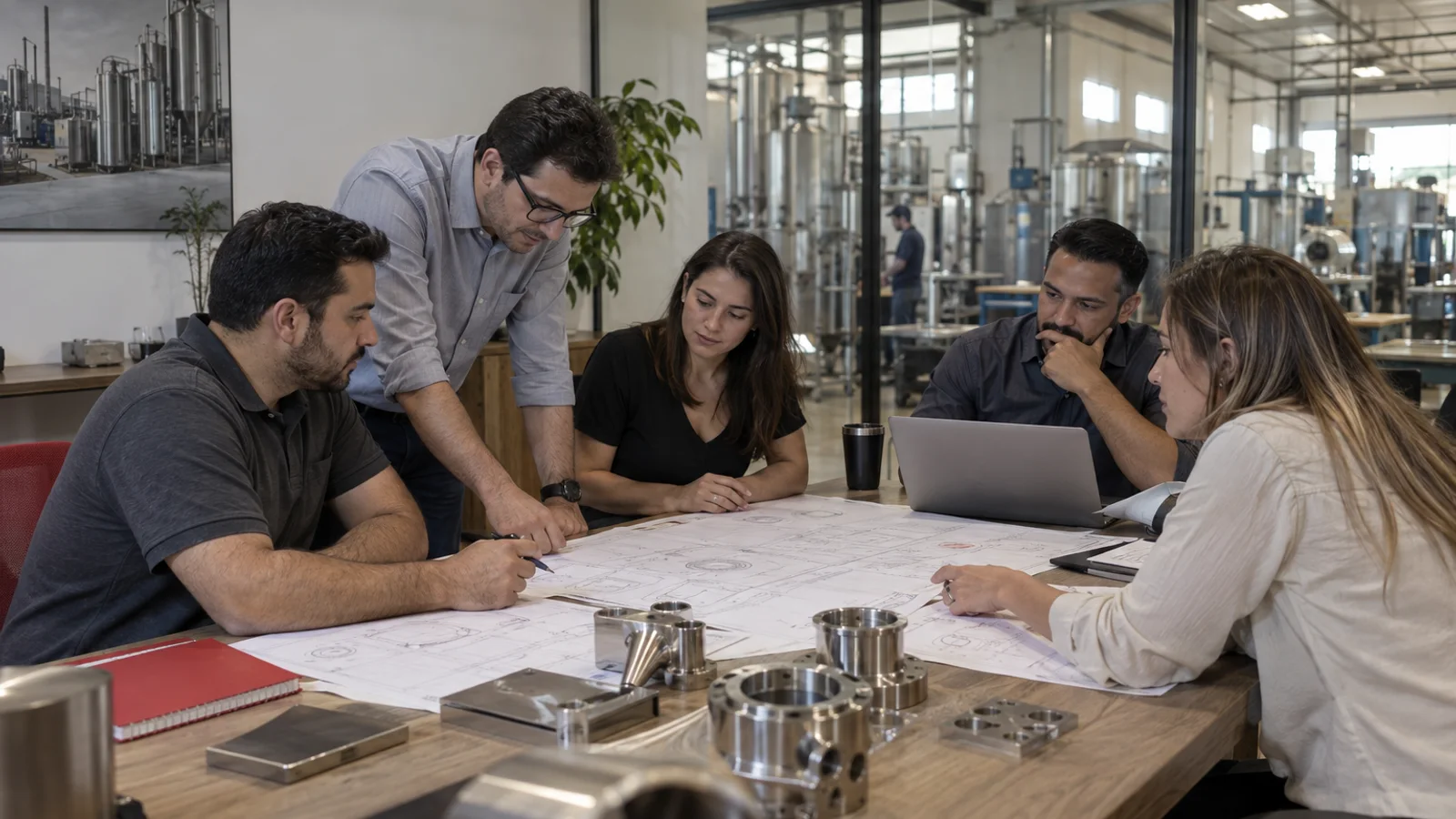 Cena ilustrativa da equipe administrativa e de engenharia da Artinox reunida em torno de um projeto